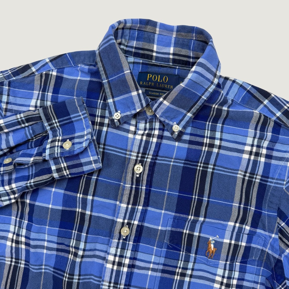 Polo Ralph Lauren Mens Small Shirt Blue Plaid Classic Fit Button Down